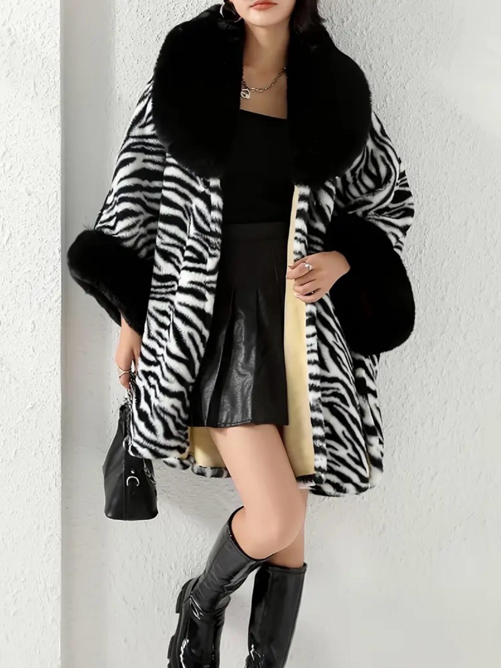 Black & White Zebra Faux-Fur Cape Coat Fits Lg-3X New